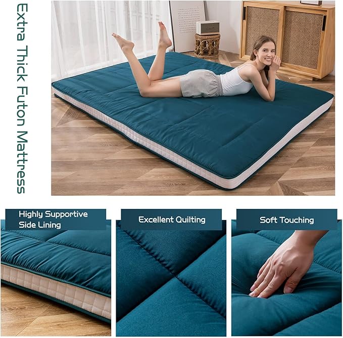 MAXYOYO Futon Mattress, Padded Japanese Floor Mattress Quilted Bed Mattress Topper, Extra Thick Folding Sleeping Pad Breathable Floor Lounger Guest Bed for Camping Couch, Bluestone, Full Size