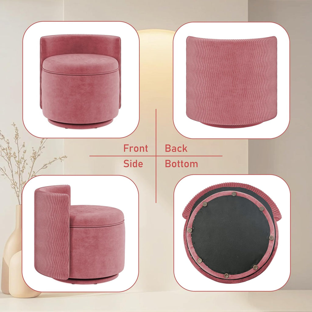 allamazing 360° Swivel Accent Chair with Storage, Vanity Stool with Back, Velvet Storage Ottoman, Upholstered Round Barrel Vanity Chair for Living Room, Makeup Room, Bedroom (Dusty Rose)