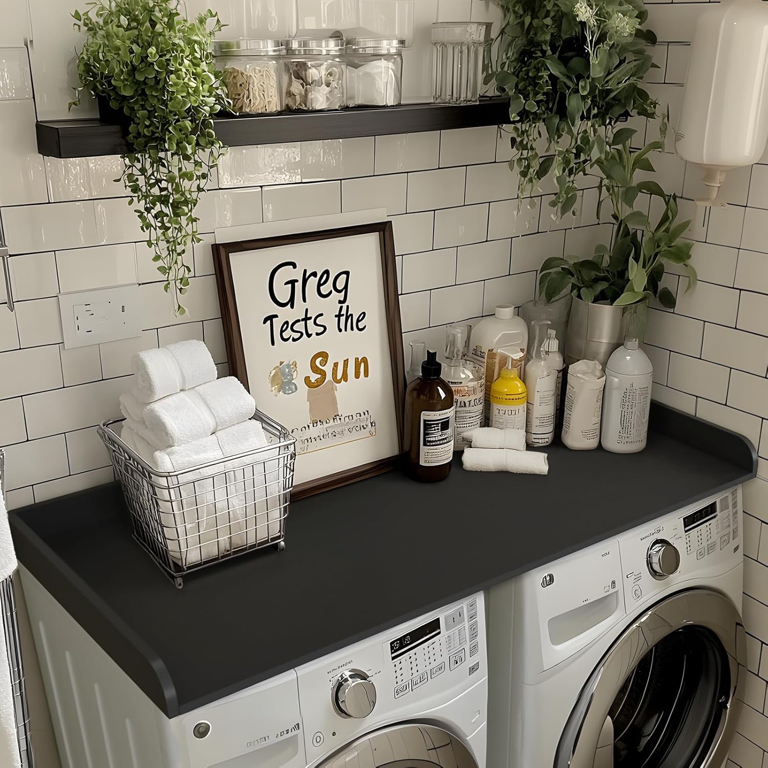 Kaboon Washer Dryer Countertop 58" x 28" Extra Large Version, Melamine Countertop with 3.5" Edge Rails, Laundry Room Organization, Black