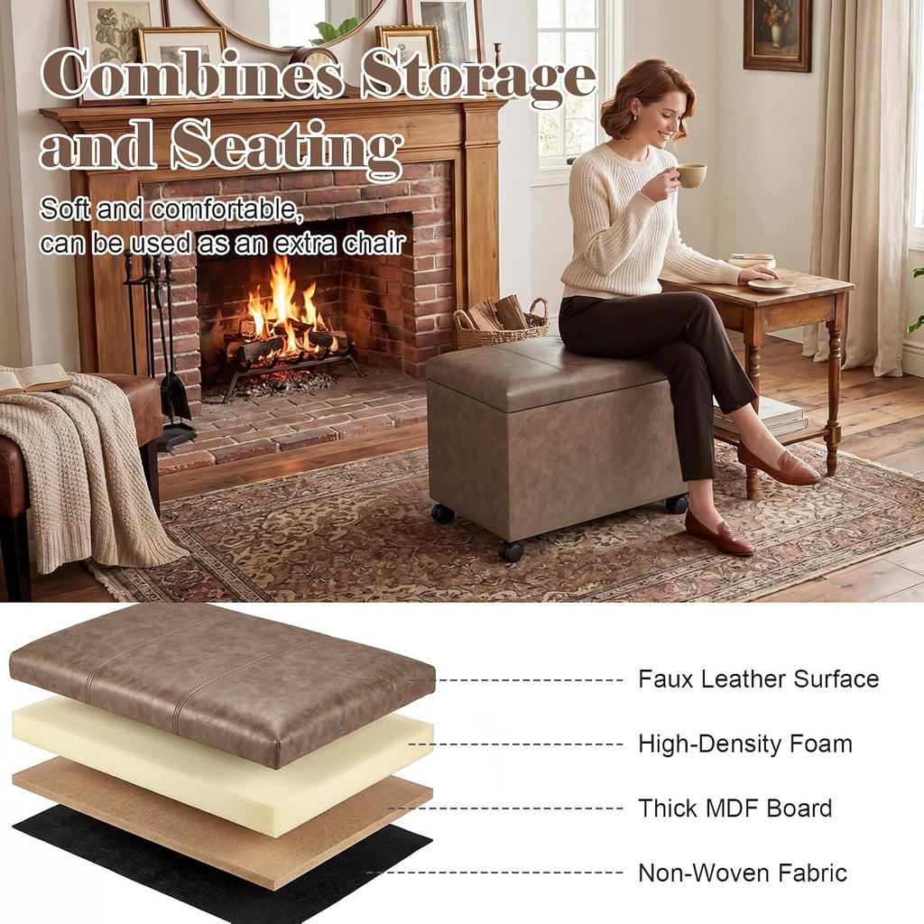 Joveco 24" Storage Ottoman Bench with Wheels, Rectangle Faux Leather Foot Stool for Living Room, Bedroom, Entryway, Earthy Light Brown Veining