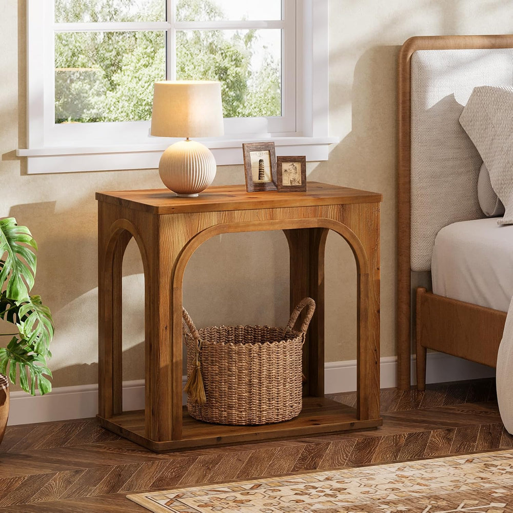 Tribesigns Arched Side Table, 2-Tier Farmhouse Solid Wood End Table with Bott...