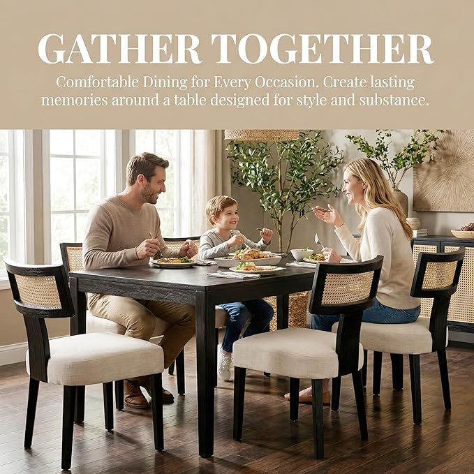 Upholstered Farmhouse Dining Chairs Set of 2 Mid Century Modern Dining Room Chairs Rattan Linen Kitchen Chairs Armless Side Chairs with Black Wood Frame/Rattan Back for Living Room,Beige