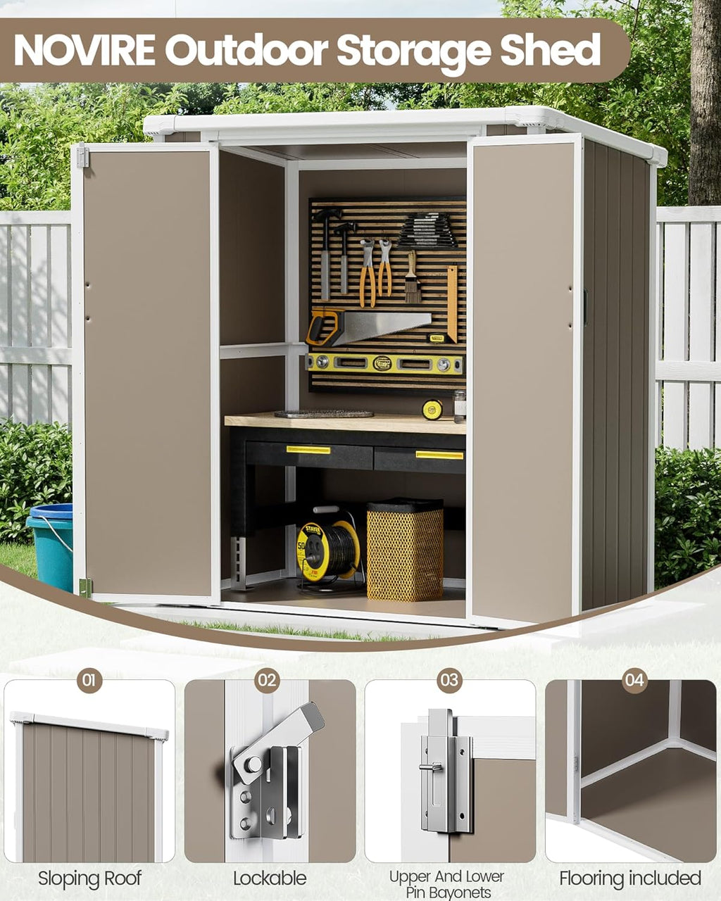 5x3 Resin Garden Sheds & Outdoor Storage on Clearance, Weather-Resistant Plastic Shed with Floor and Lockable Door for Garden Tools, Lawn Mower, Bike, Backyard Organization, Warm Gray
