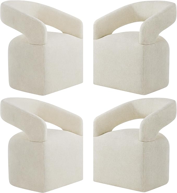 Upholstered Dining Chairs with Casters, Modern Barrel Side Armchair with Rollers for Dining Room, Bedroom, Kitchen, Reading Room, Cream Beige, Set of 4