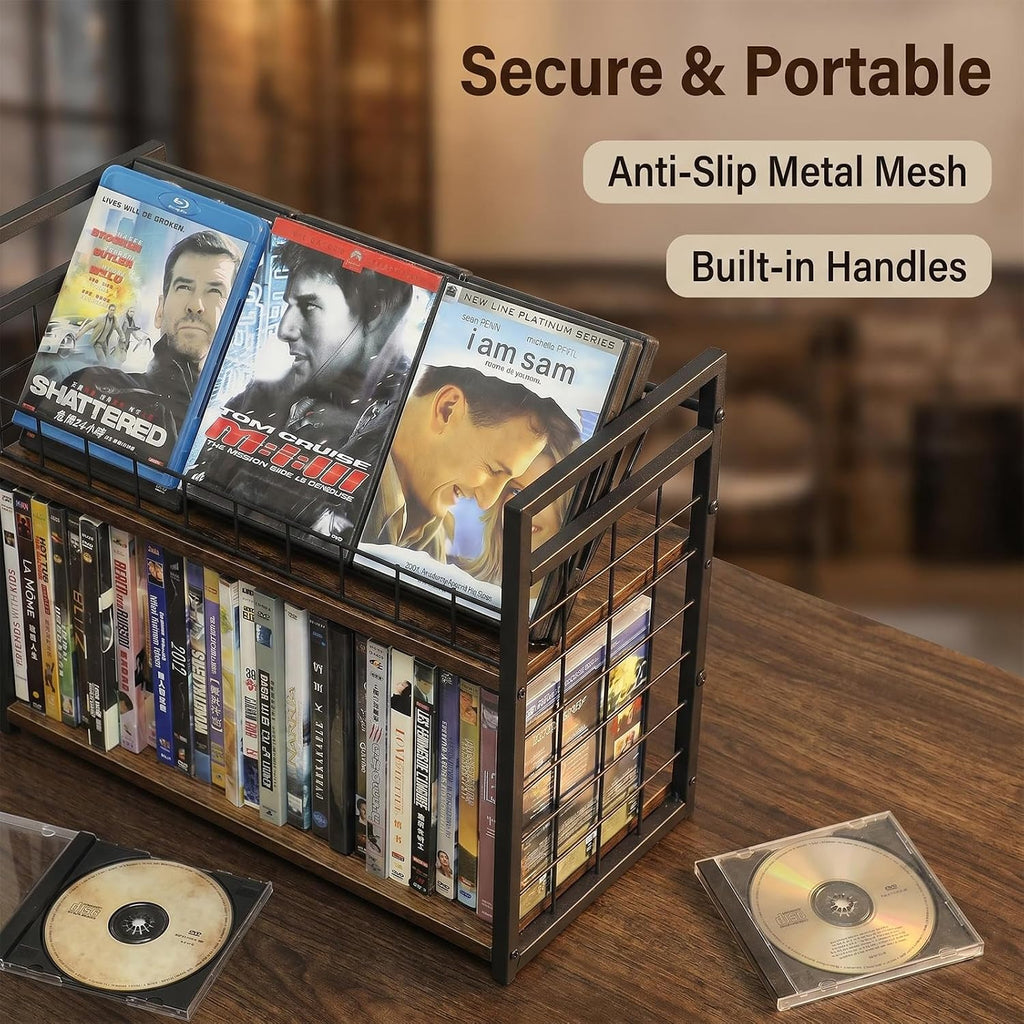 2-Tier DVD Storage Rack & CD Display Shelf, Holds 56 DVD Cases, Stackable Metal Media Organizer Tower for Blu Ray, Video Games, VHS Tapes