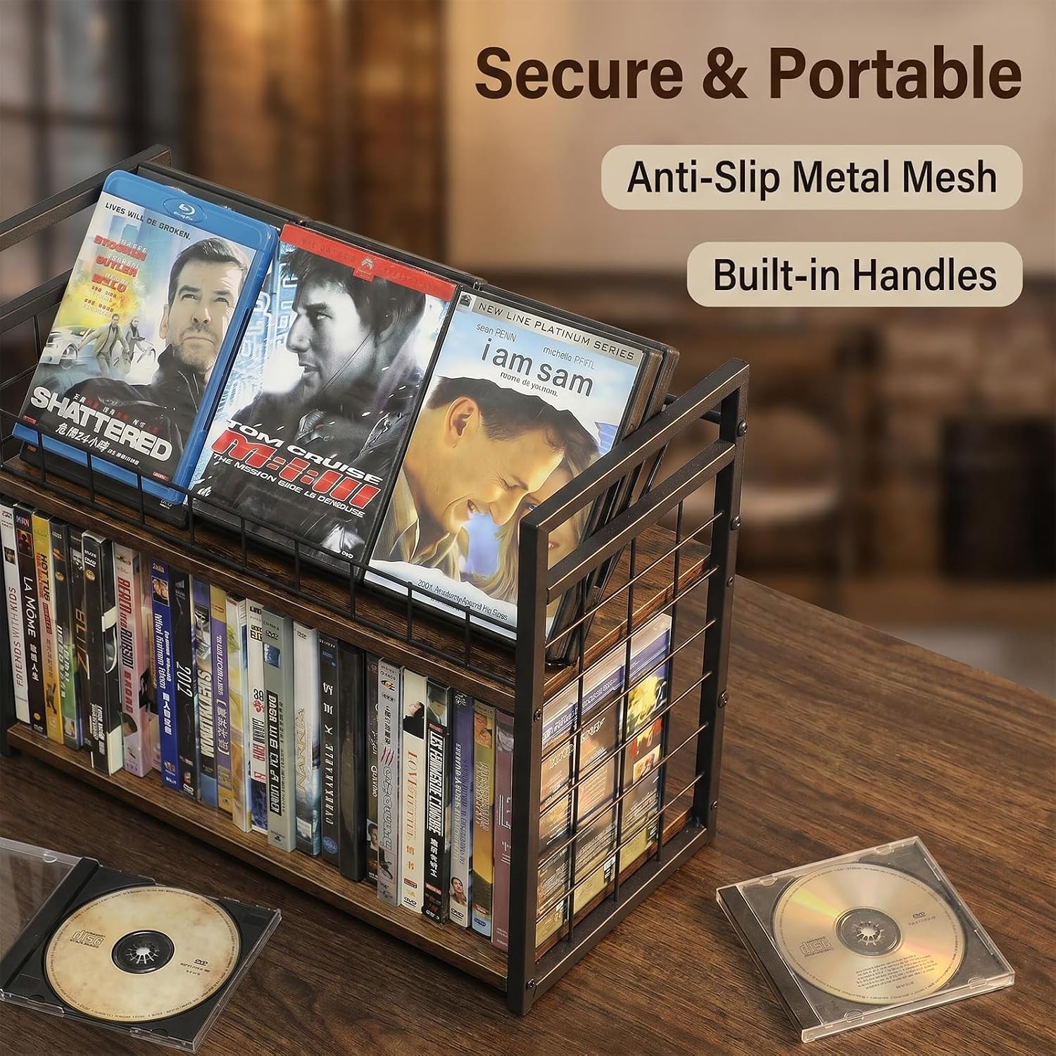 2-Tier DVD Storage Rack & CD Display Shelf, Holds 56 DVD Cases, Stackable Metal Media Organizer Tower for Blu Ray, Video Games, VHS Tapes