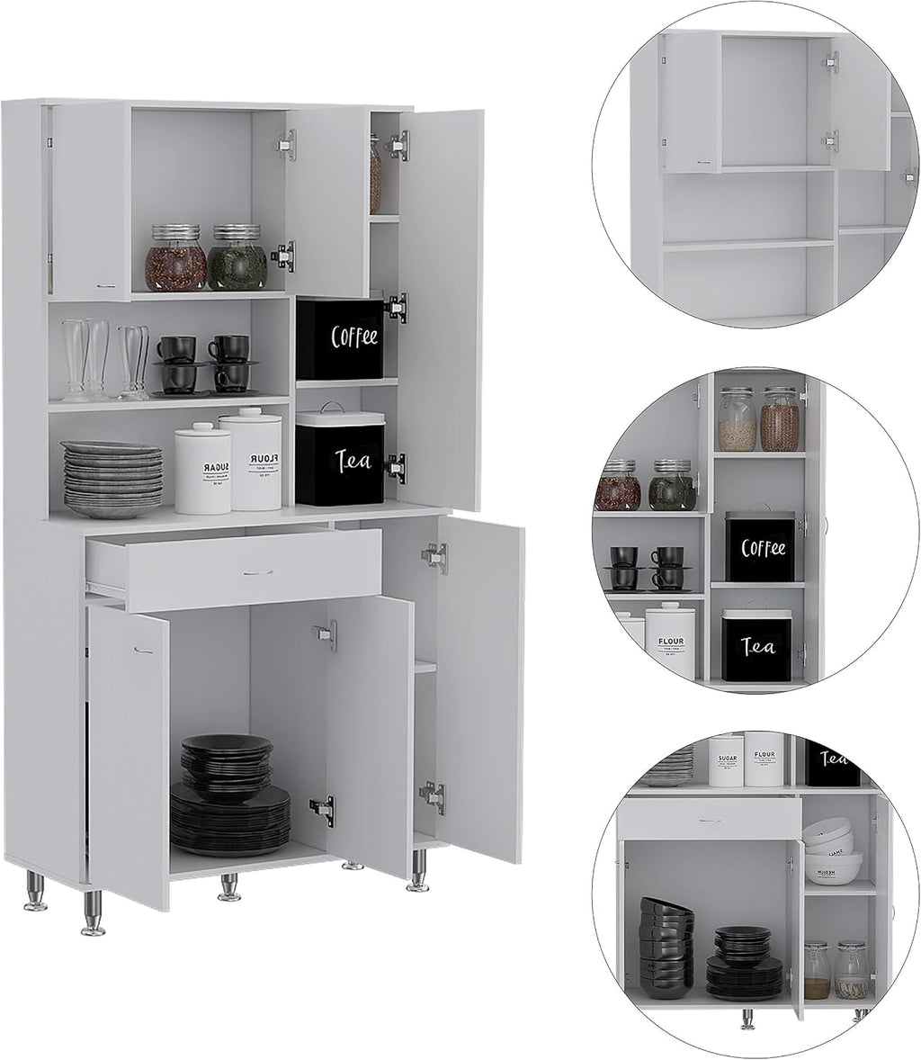 90" H Freestanding Kitchen Pantry with 10 Shelves & 23.3" D Drawer, Covered 2 Double Doors & 32.9" H Door & 27.5" H Door, Rectangular Storage Cabinet, for Living Room, Dining Room, White
