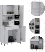 90" H Freestanding Kitchen Pantry with 10 Shelves & 23.3" D Drawer, Covered 2 Double Doors & 32.9" H Door & 27.5" H Door, Rectangular Storage Cabinet, for Living Room, Dining Room, White