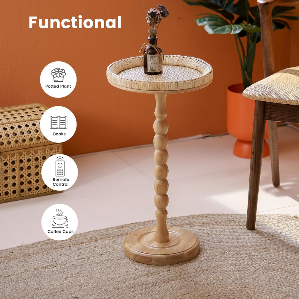 Drink Table，Rattan Round Small Side Table for Small Spaces, Boho Circle End T...
