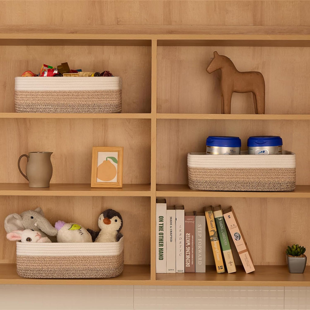 Large Shallow Organizing Baskets 15x11x5.1 Inches - Rope Woven Storage Bins for Bathroom, Shelves, Cube Closet, Gradient Brown 4 Packs
