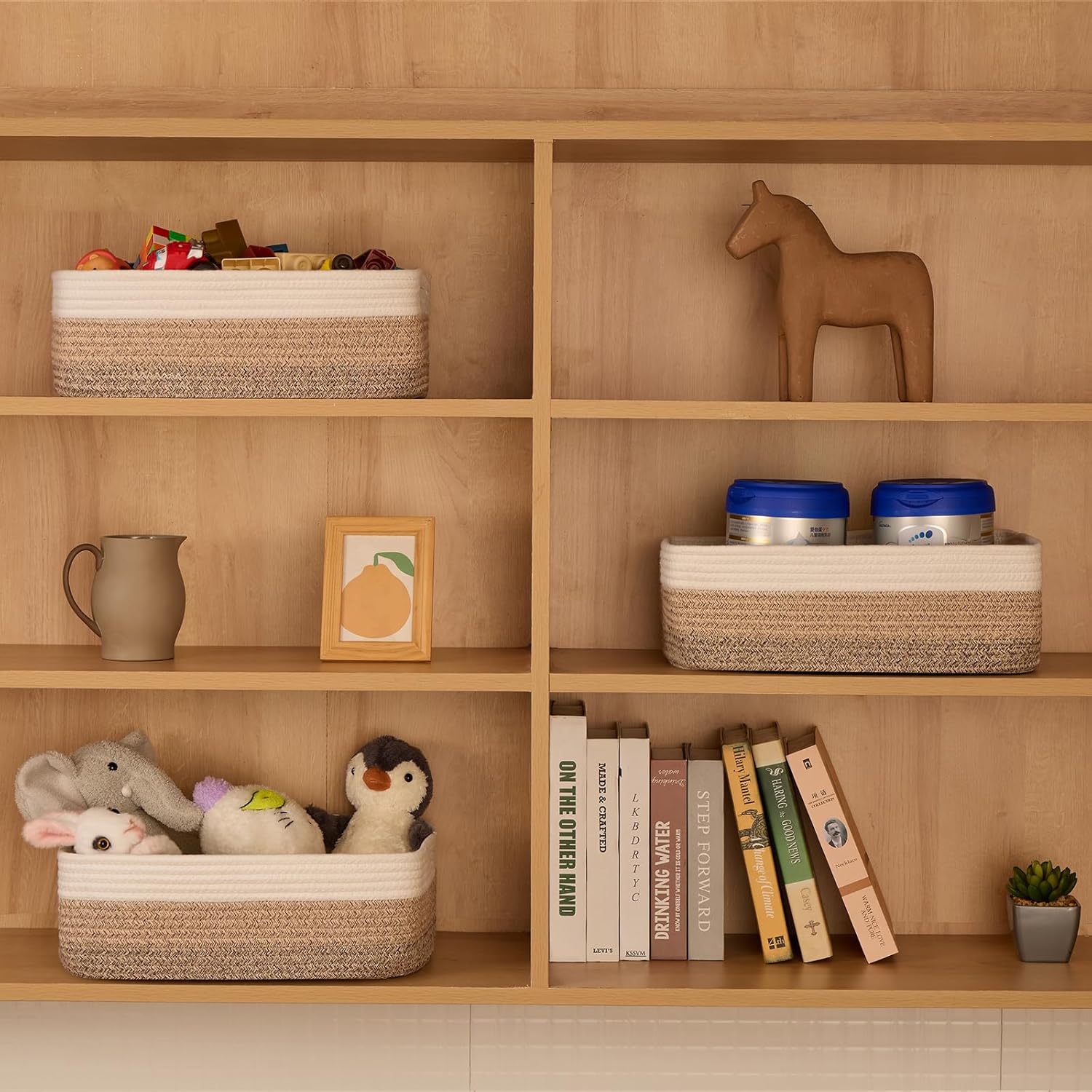 Large Shallow Organizing Baskets 15x11x5.1 Inches - Rope Woven Storage Bins for Bathroom, Shelves, Cube Closet, Gradient Brown 4 Packs