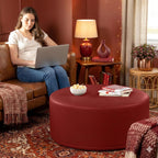 Jaxx Candler Round Couch Ottoman – Oversized Giant Coffee Table Ottoman - Versatile Firm Foam Construction - Kid Safe with Removable Cover, 36”, Premium Faux Leather, Crimson