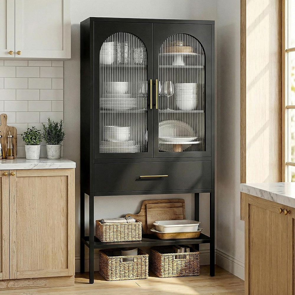 63" Tall Metal Storage Cabinet with Glass Doors, Kitchen Pantry Cabinet ...