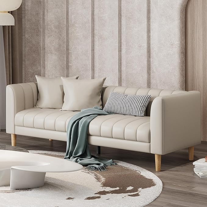 IDEALHOUSE 83" W Faux Leather Sofa Couch for Living Room, Modern 3 Seater Sofa Couch with Deep Seats, 2 Throw Pillows and Wood Legs, for Small Space, Bedroom, Apartment, Home Office, Beige