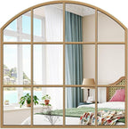 Window Pane Gold Mirror, 28" x 28" Farmhouse Arched Wall Mirror, Brass Rustic Arch Mirrors Large Grid Mirror for Living Room Bedroom Farmhouse Fireplace Hallway Entryway