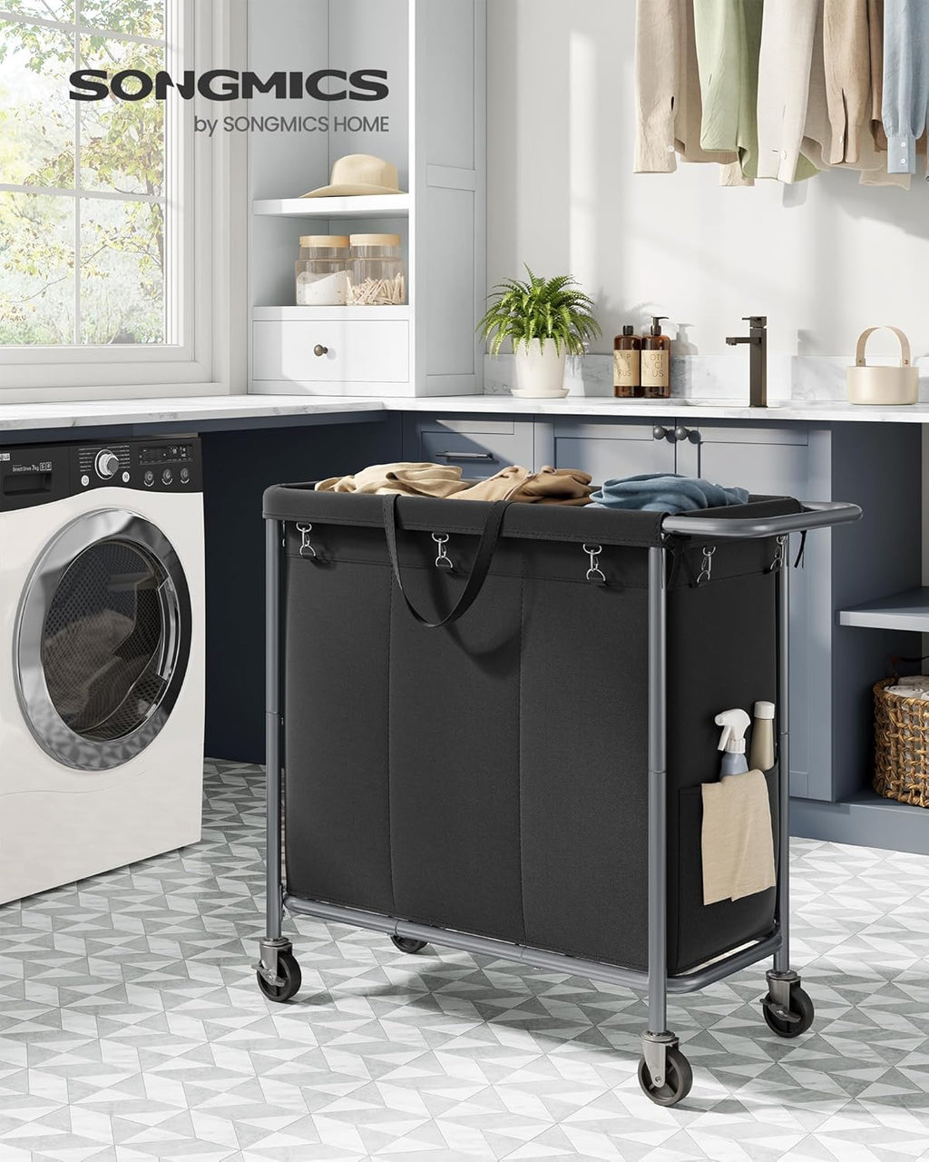 SONGMICS Laundry Basket with Wheels, 3-Section Rolling Laundry Hamper, 52.8 Gallons (200 L), Removable Liner, Steel Frame with Handle, 35.8 x 15.4 x 31.9 Inches, Ink Black URLS005B01