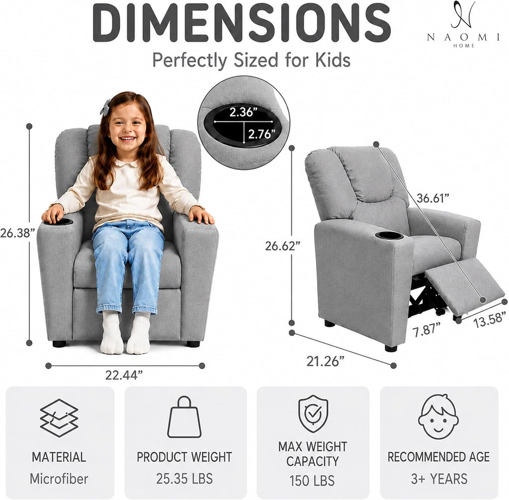 Naomi Home Suri Kids Recliner Chair: 150 Lbs Capacity & Solid Hardwood Frame for Ultimate Durability. Built to Grow Toddler & Children Sofa with Cup Holder, Footrest & 3 Recline Positions - Gray