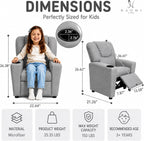 Naomi Home Suri Kids Recliner Chair: 150 Lbs Capacity & Solid Hardwood Frame for Ultimate Durability. Built to Grow Toddler & Children Sofa with Cup Holder, Footrest & 3 Recline Positions - Gray