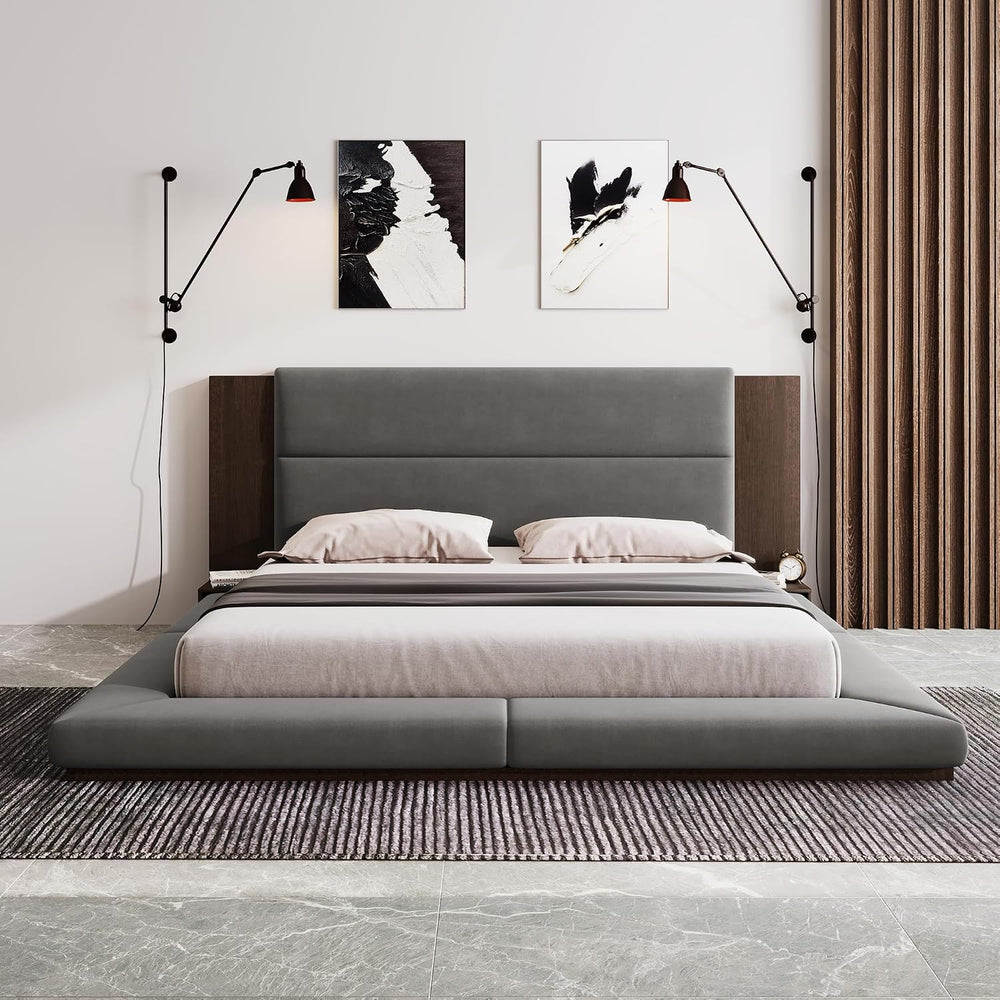 VilroCaz Modern King Size Upholstered Grounded Bed, Velvet Fabric Floor Uphol...