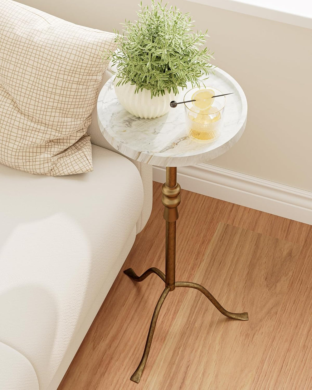 Brass Distressed Iron Round Pedestal End Table, 25 Inch Vintage Martini Cockt...