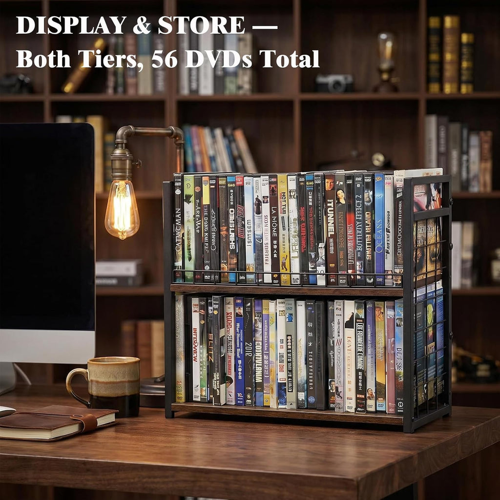 2-Tier DVD Storage Rack & CD Display Shelf, Holds 56 DVD Cases, Stackable Metal Media Organizer Tower for Blu Ray, Video Games, VHS Tapes