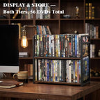 2-Tier DVD Storage Rack & CD Display Shelf, Holds 56 DVD Cases, Stackable Metal Media Organizer Tower for Blu Ray, Video Games, VHS Tapes