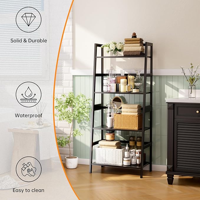 HITNET Ladder Shelf Black, 4-Tier Bookshelf, Freestanding Bathroom Storage Ra...