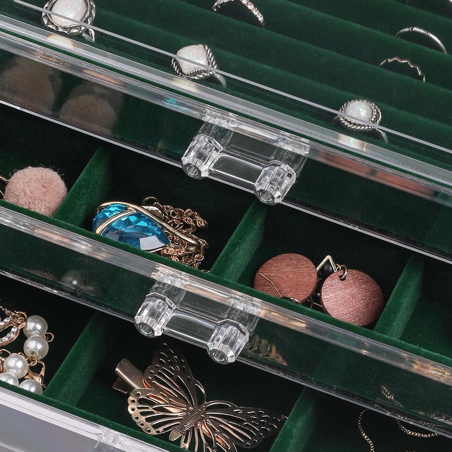 Frebeauty Extra Large Acrylic Jewelry Box for Women 5 Layers Clear Jewelry Organizer Velvet Earring Box with 5 Drawers Rings Display Case Necklaces Holder Tray for Women Girls(Blackish Green)