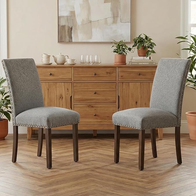 Furniliving Upholstered Dining Chairs Set of 2 - Line Fabric Modern Farmhouse Kitchen Chairs, High-Back Dining Room Chairs with Wooden Legs for Kitchen Dining Room Living Room.Grey
