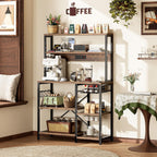 SUPERJARE Bakers Rack with Power Outlet, 35.4 Inches Coffee Bar with Wire Basket, Kitchen Microwave Stand with 6 S-Shaped Hooks, Open Storage Shelves, Rustic Brown