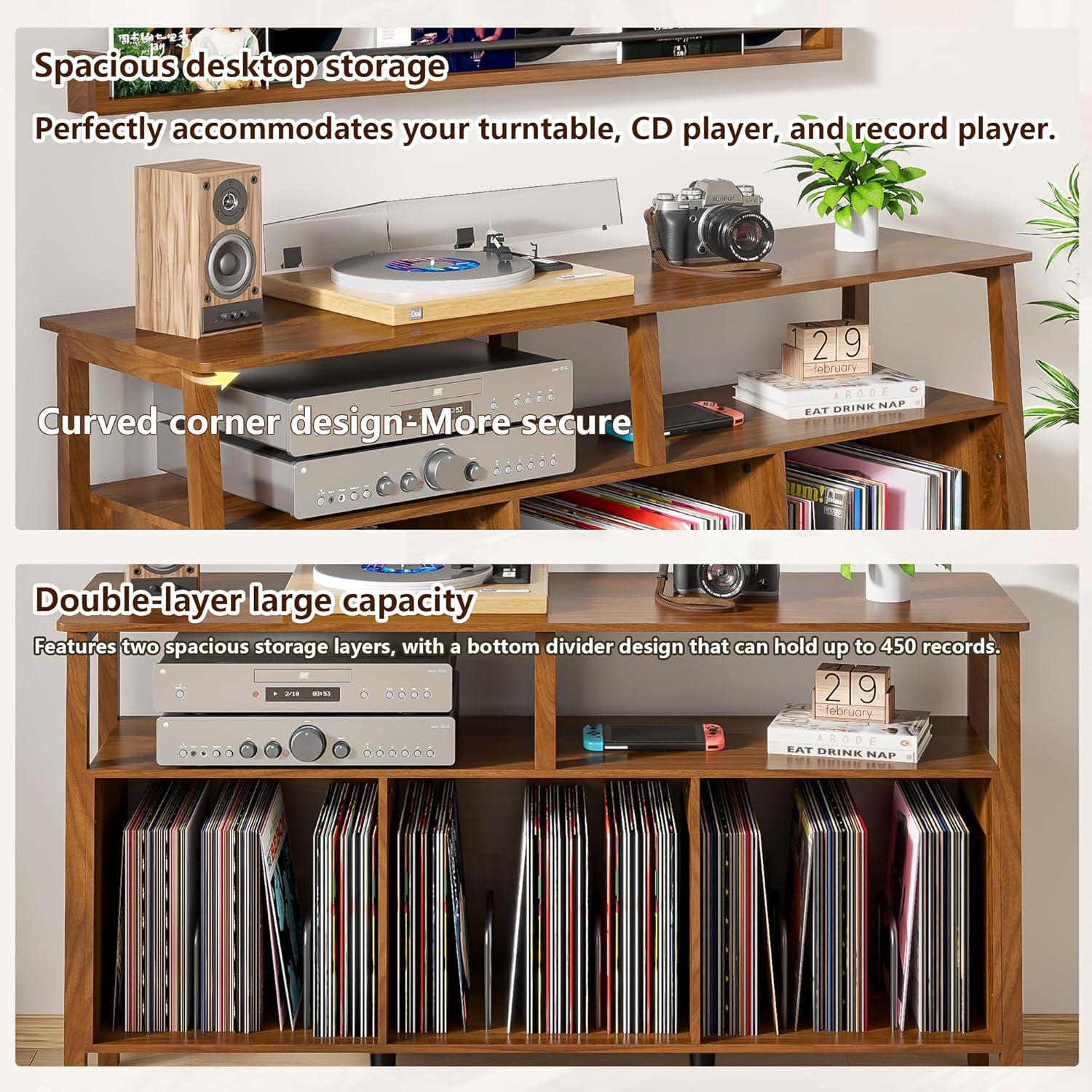 Large Record Player Stand,Mid Century Turntable Stand Table with Open Storage Holds up to 450 Albums,Vinyl Record Storage Display Shelf for Living Room Bedroom (55.12'' Walnut)