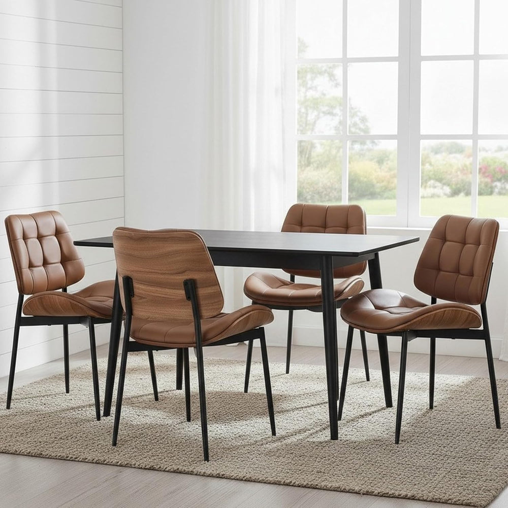 Mid Century Modern Dining Chairs Set of 4, Brown | Faux Leather Upholstery, W...