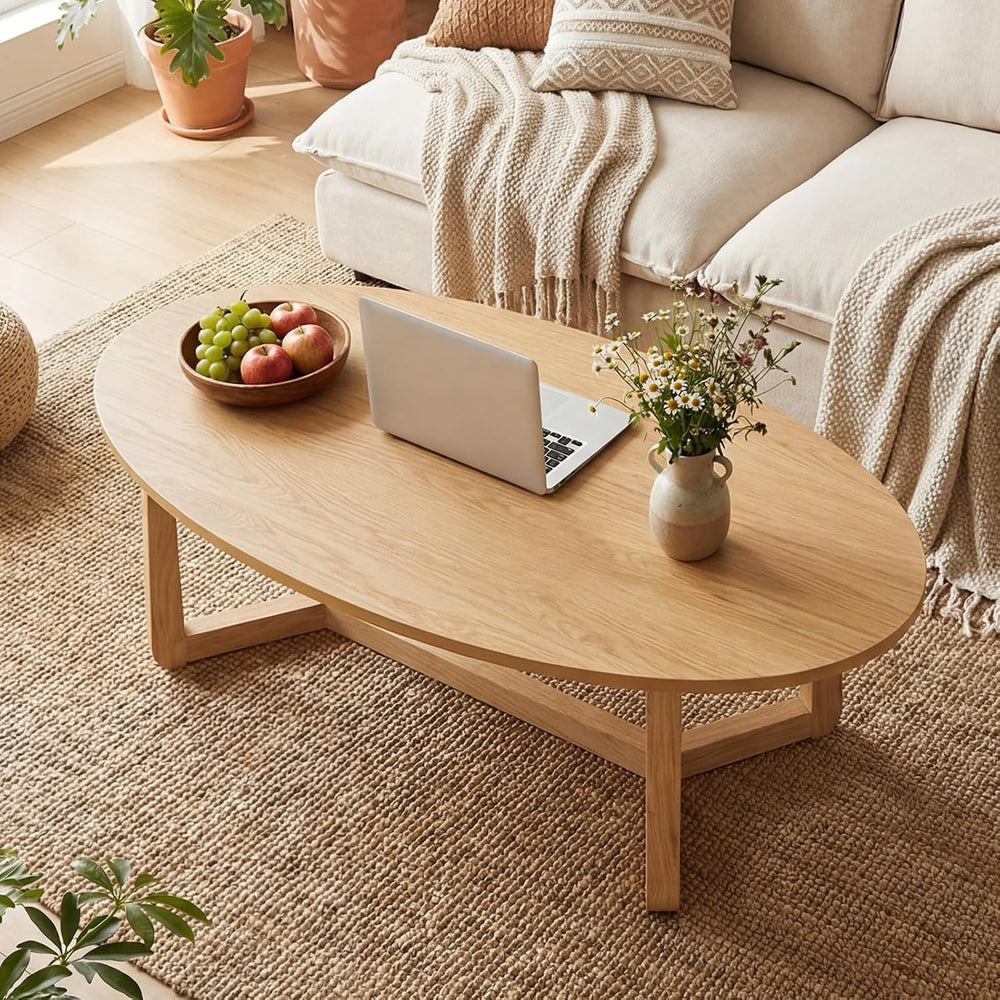 GIANTEX Oval Coffee Table, 46'' Wood Center Table for Living Room, Na...
