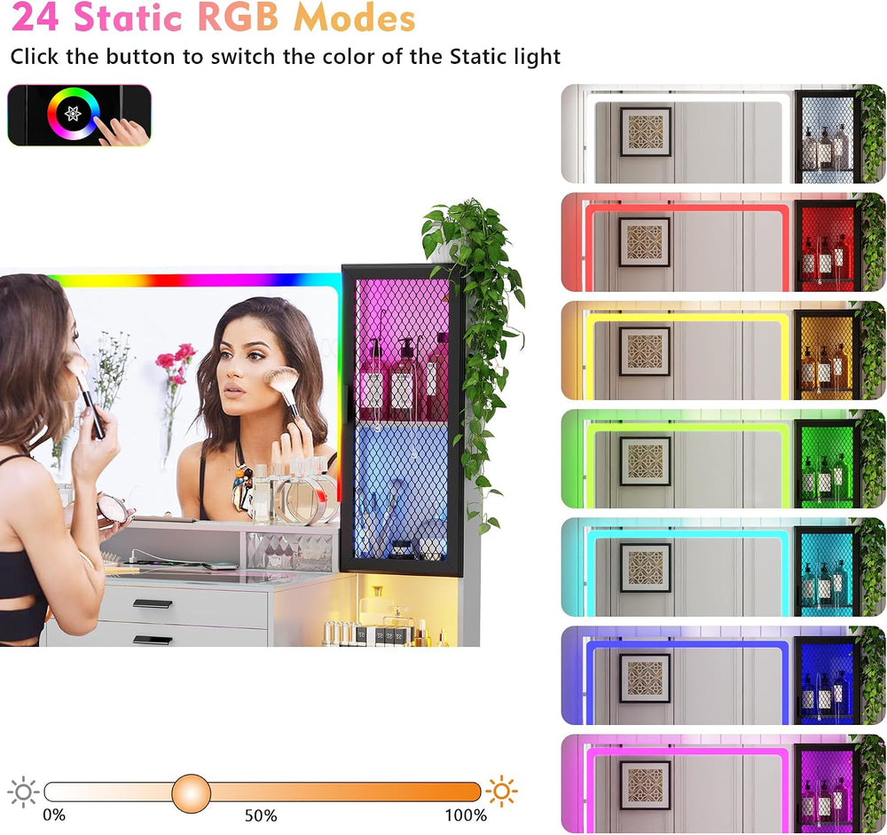 Lvifur RGB Vanity Desk - with Mirror and Lights,7 Dynamic & 24 Static Dim...