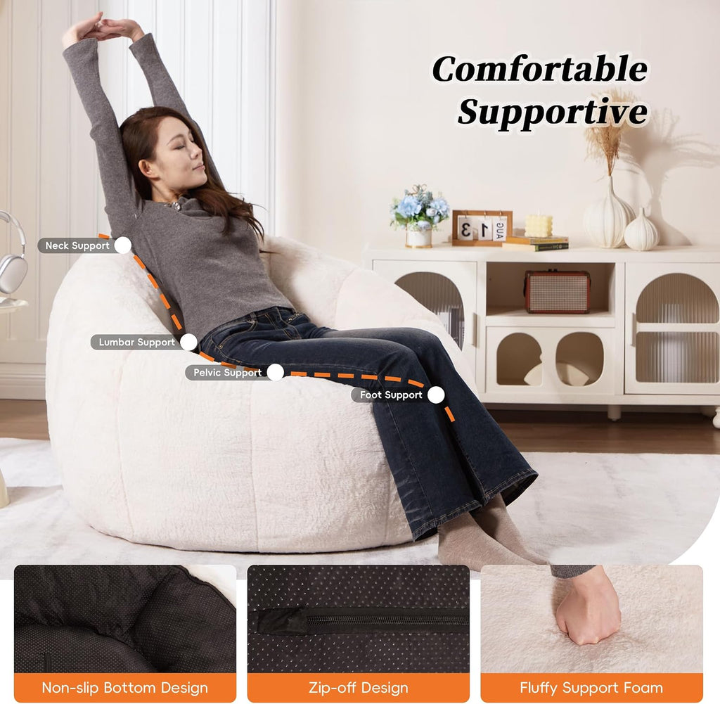 Bean Bag Chair, Faux Fur Beanbag Chair for Adults,Comfy Cloud Sofa with Back Support, Large Reading Chair for Living Room, Bedroom, Apartment (Beige)
