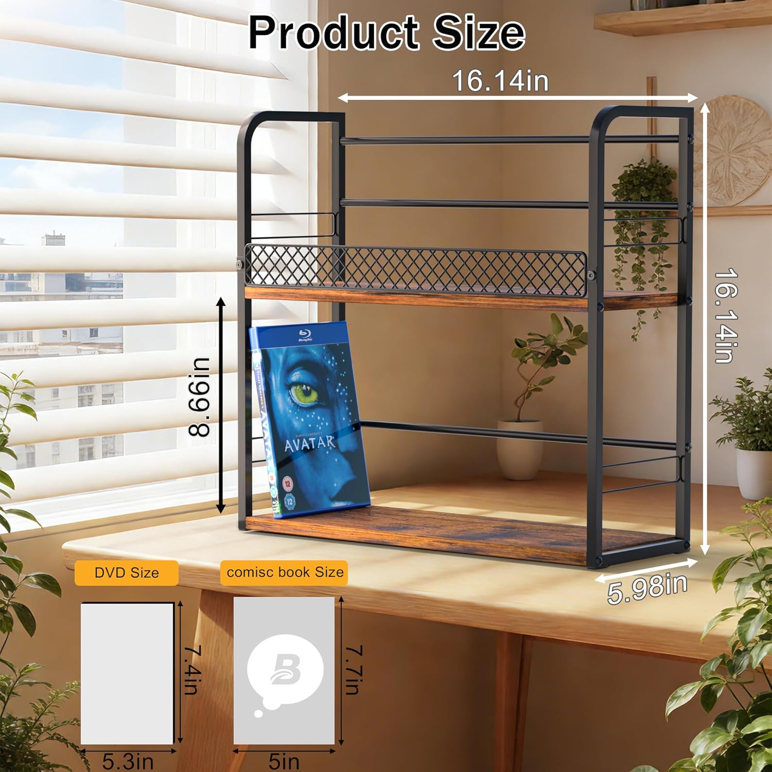 Alyoen 2-Tier DVD Storage Rack, DVD Shelf, DVD Holder Organizer with Display Top Shelf & Non-slip Pads, Stores Up to 56 DVDs, Retro DVD Stand Tower for Music Enthusiasts, Collection
