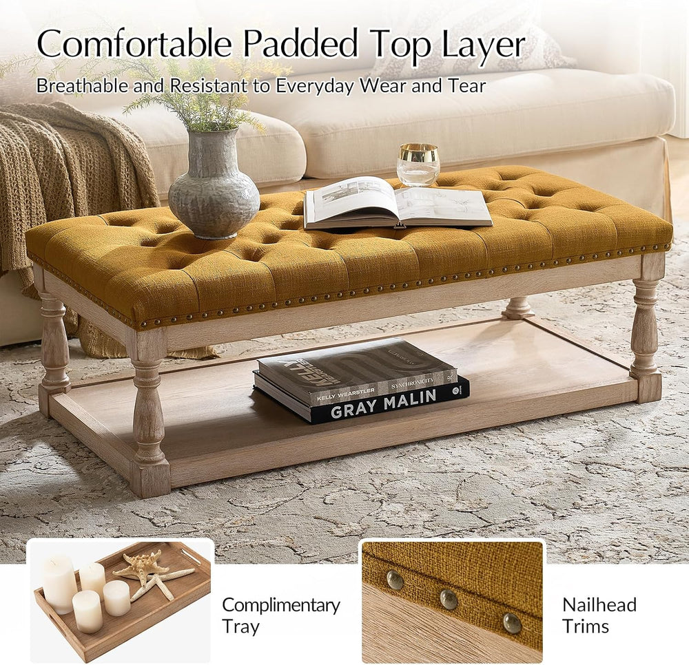 HULALA HOME Storage Tufted Ottoman Coffee Table with Solid Wood Legs, Golden