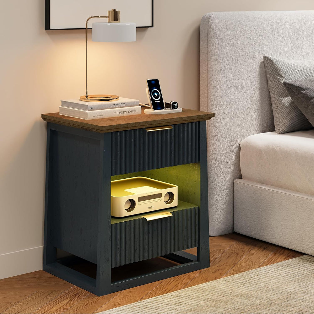 HIFYOBRO Fluted End Table with Charging Station and Motion Sensor Light, Mode...