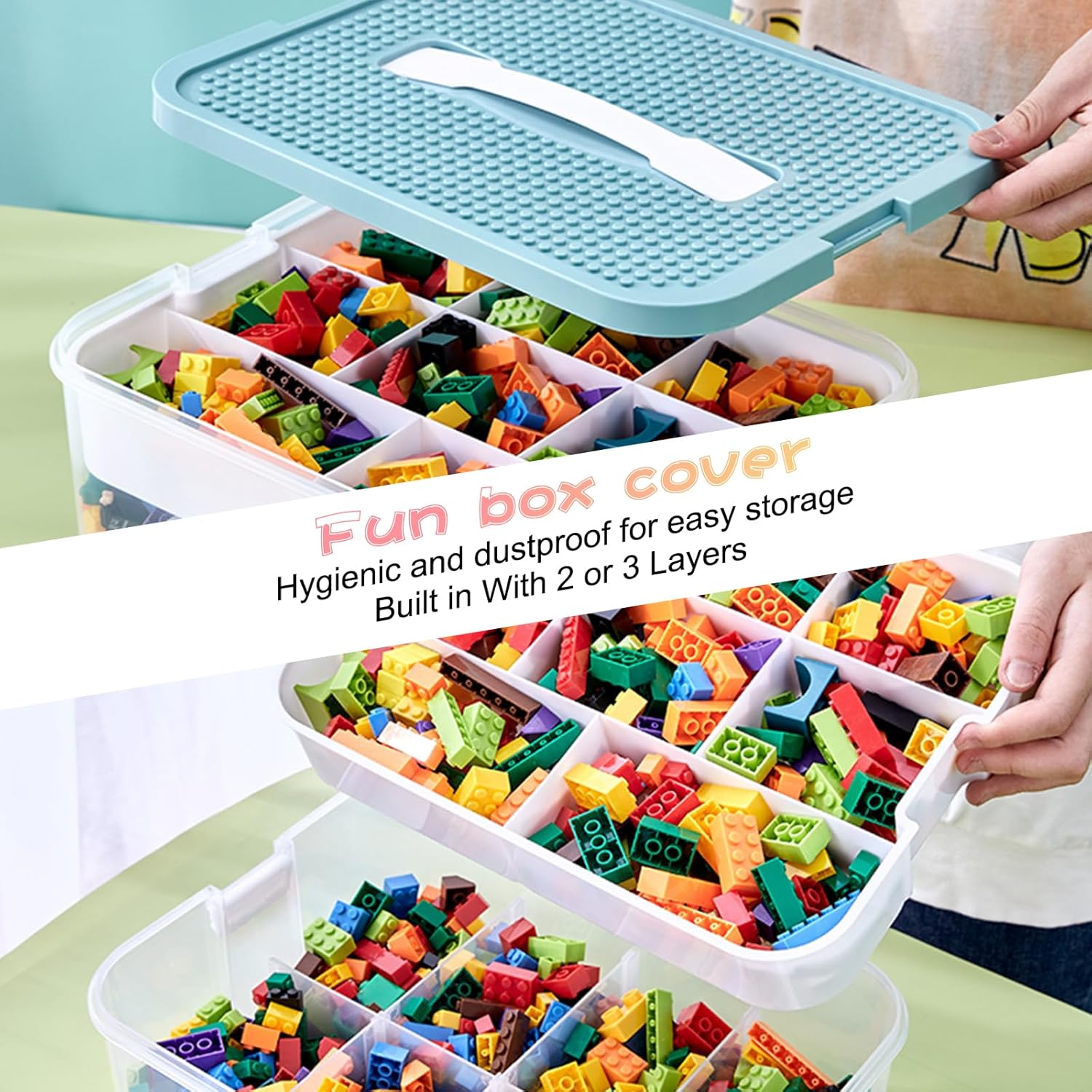 Toys Organizer Storage Case for Lego Box Kids Toy Stackable Building Blocks with Lids Bins Adjustable Lego Storage Containers Plastic Toy Box Green 2 Layers