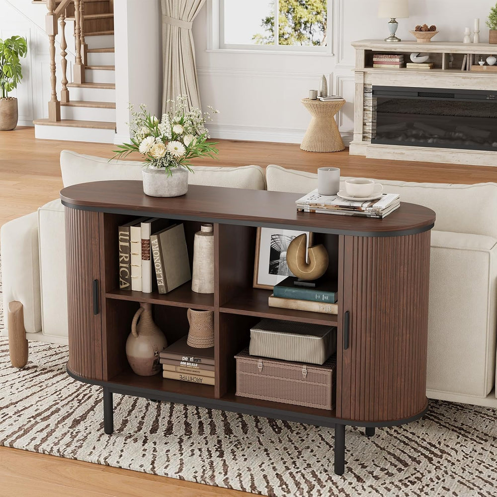 QUW Console Table with Sliding Tambour Doors, 47" Mid Century TV Stand w...