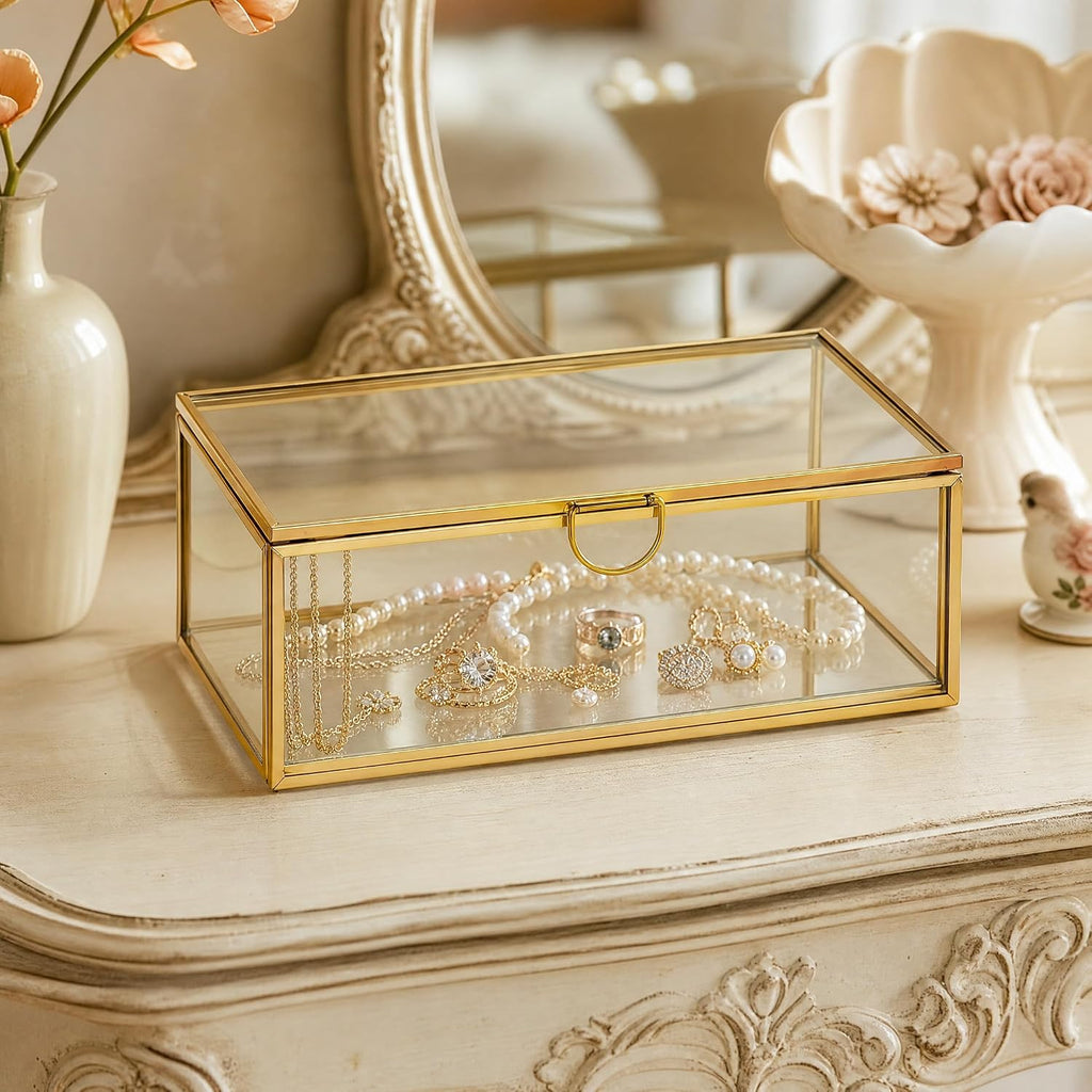 Glass Jewelry Box with Lid, Gold Metal Frame Trinket Box, Clear Display Case for Rings Earrings Necklace Bracelet, Small Jewelry Organizer for Vanity Bathroom Dresser Countertop Storage Box