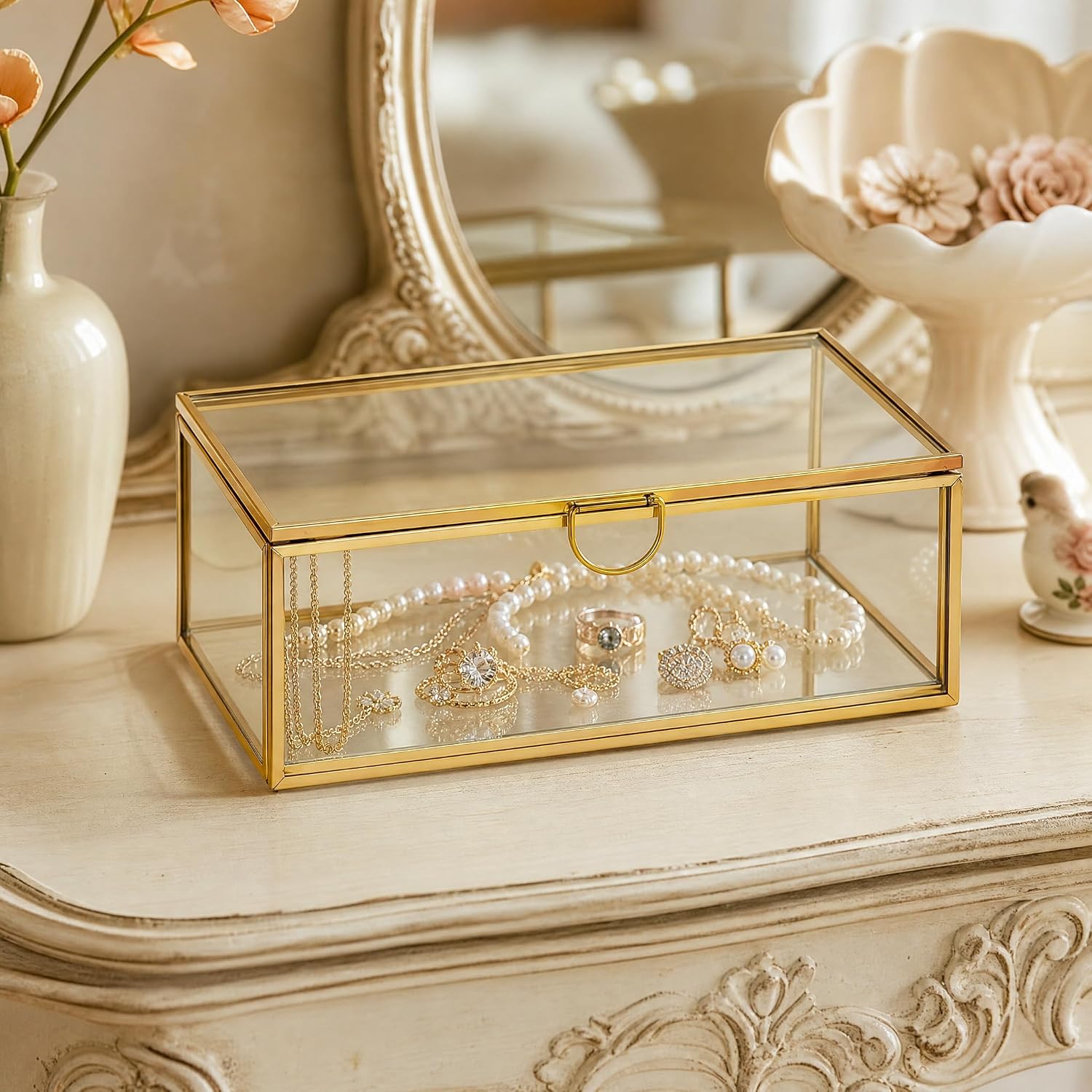 Glass Jewelry Box with Lid, Gold Metal Frame Trinket Box, Clear Display Case for Rings Earrings Necklace Bracelet, Small Jewelry Organizer for Vanity Bathroom Dresser Countertop Storage Box