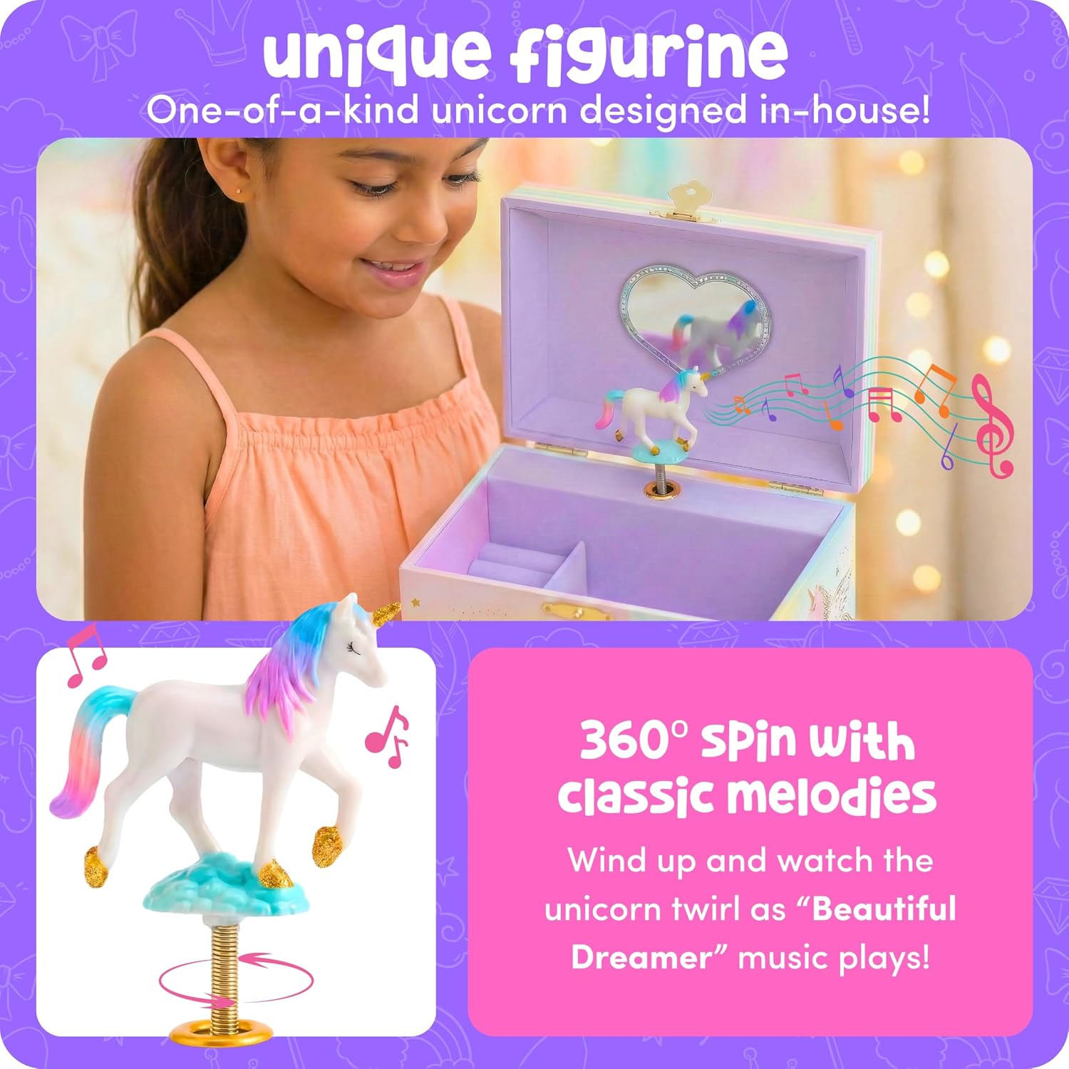 Giggle & Honey Musical Unicorn Jewelry Box for Girls - Kids Music Box with Spinning Unicorn, Unicorn Birthday Gifts for Little Girls, Jewelry Boxes, 6.8 x 5.3 x 6 in - Ages 3-10
