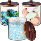 SheeChung 3 Pack 50 Oz Large Apothecary Jar with Wood Lid, Laundry Pods Container, Storage Jars for Bathroom Organization, Plastic Canisters with Cute Stickers Spoons(Dark Brown)