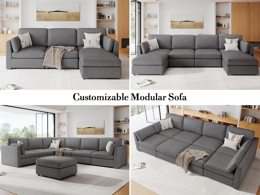 Faux Leather Modular Sectional Sofa Wide U Shaped Couches Grey | Oversized Couches for Living Room, Extra Large 6 Seater Comfy Luxury Deep Seat Couch
