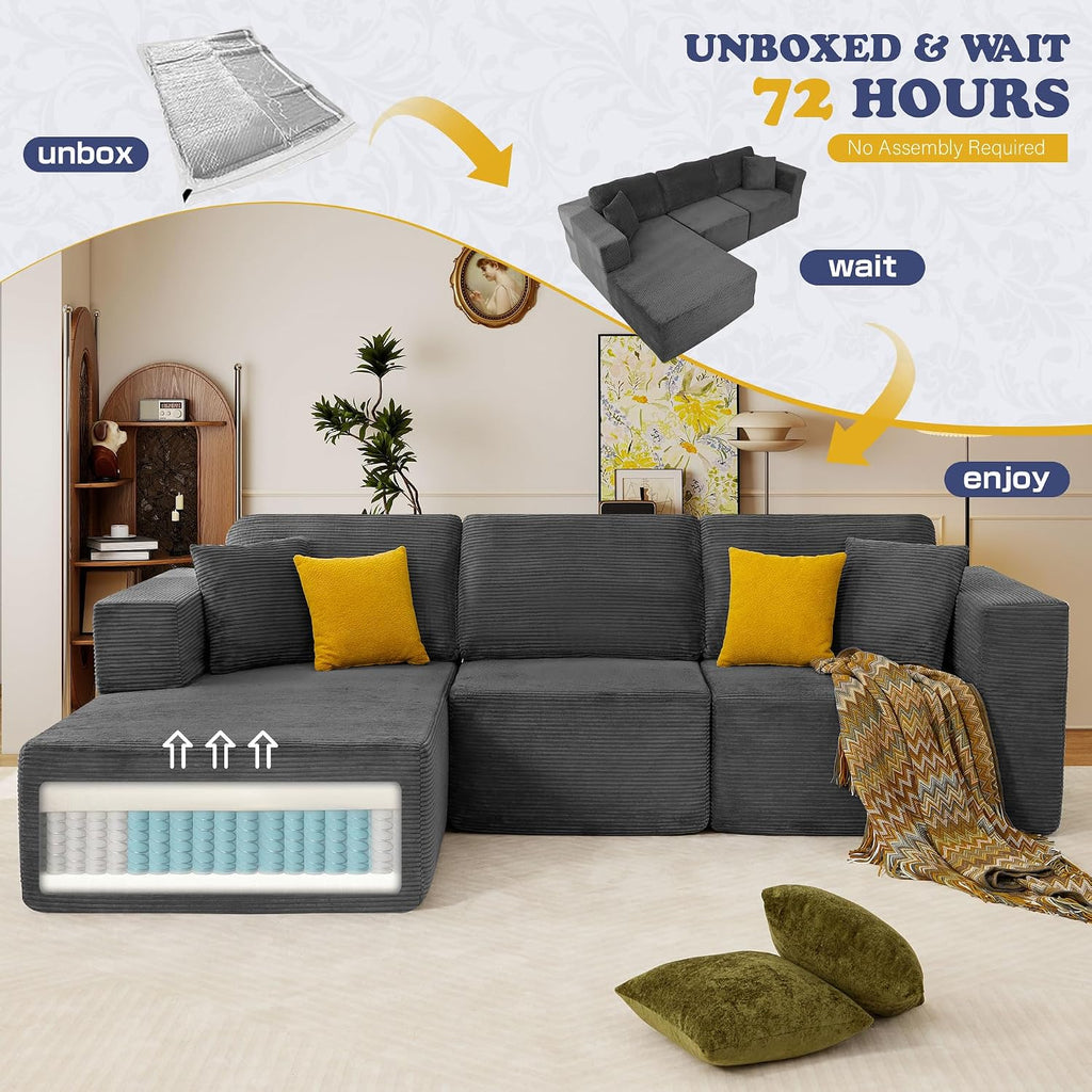 109” Cloud Sectional Couch, Boneless Modular Sofa with L-Shape Chaise, Deep Seat Corduroy Couch, No Assembly Required, Modern Upholstered Sectional for Living Room Apartment Bedroom