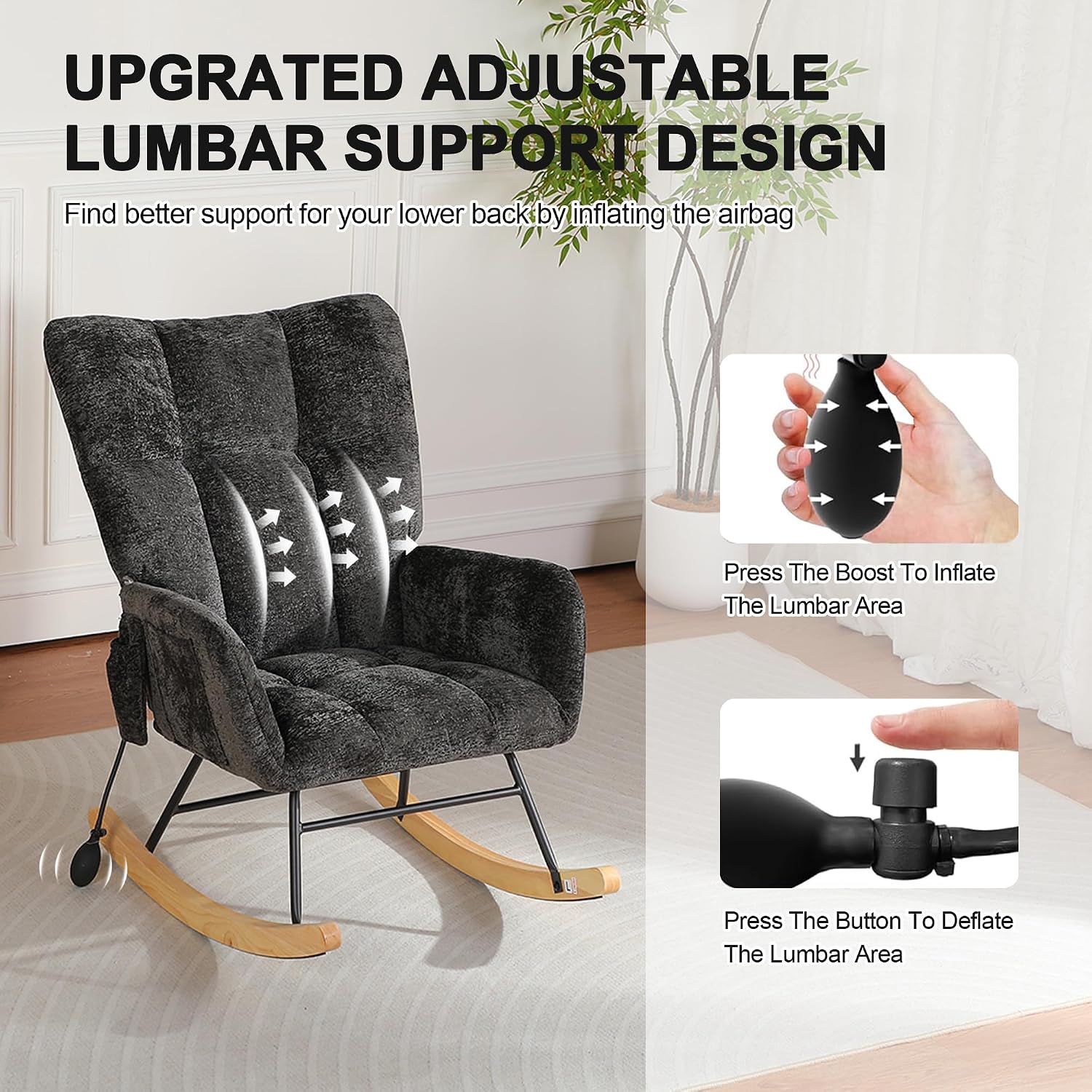 Rocking Chair Nursery with Airbag, Comfy Modern Nursery Rocking Reading Chair Indoor, Cozy Upholstered Glider Rocker Chairs with High Backrest for Living Room Bedroom Offices(Chenille, Black)
