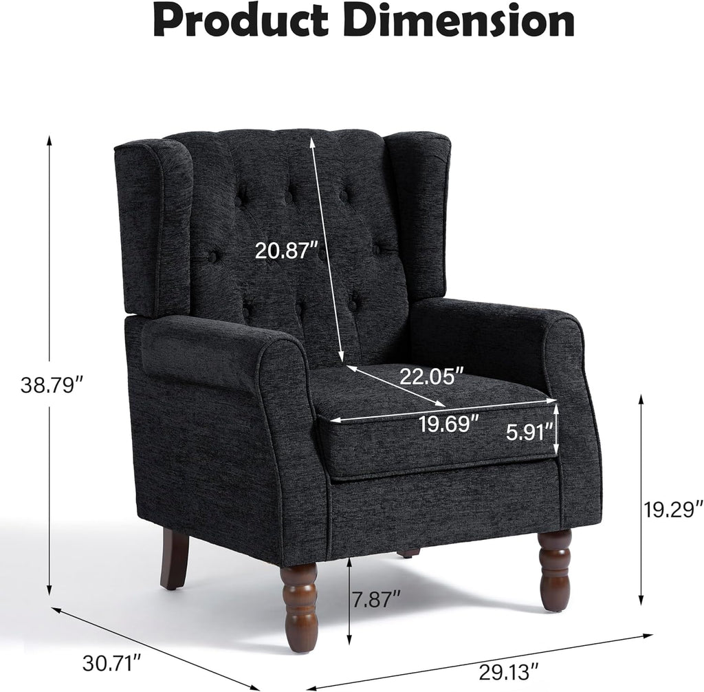 Mid-Century Modern Wingback Chair - Plush Upholstered Accent Armchair with Solid Oak Legs, Ergonomic High Back Lounge Chair for Living Room, Bedroom Office - Retro Reading Chair Bluish Black