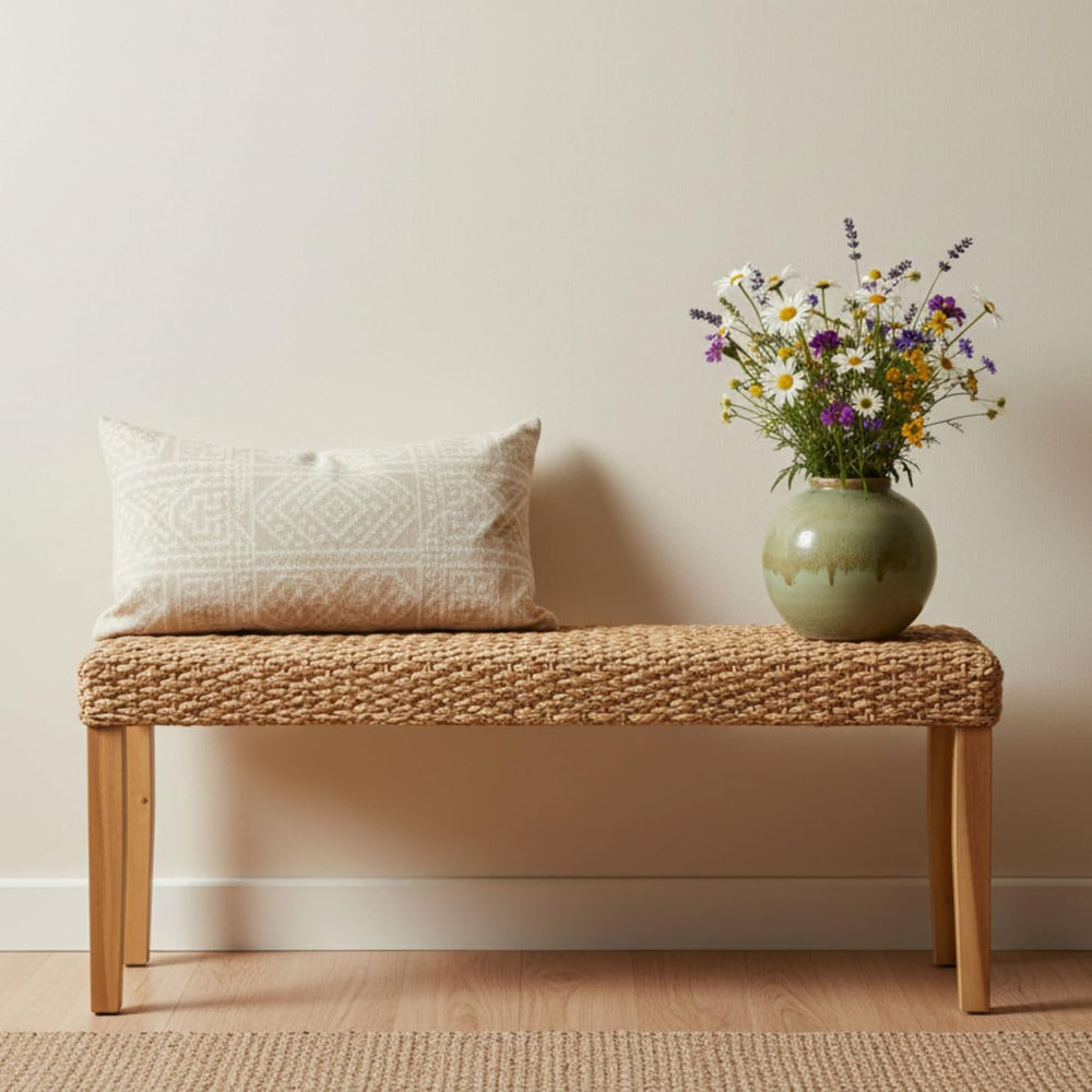 Indoor Wicker Bench 47" Solid Wood Acacia & Natural Woven Seat, Natu...