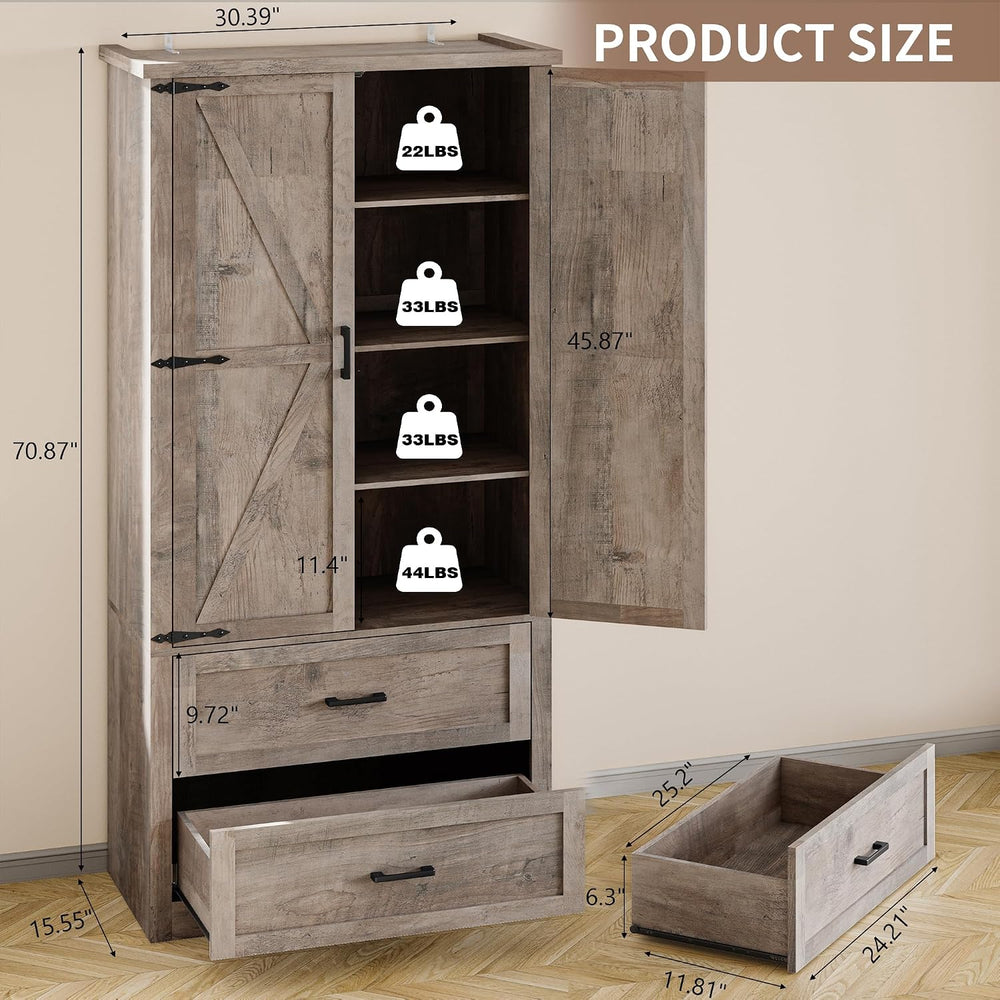 BORNOON Pantry Organizers and Storage Cabinet, 71” Barn Door White Kitchen Ca...